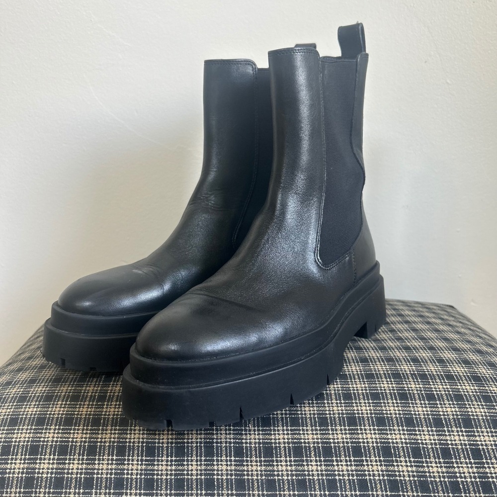 Zara Lug Sole Platform Leather Chelsea Boot Size 37 Black